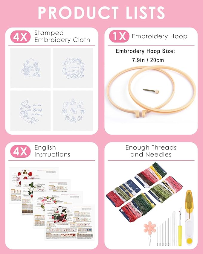 TINDTOP Embroidery Kit for Adult, 4 Pack Cross Stitch Practice Kits for Beginners Include Embroidery Cloth Hoops Threads for Craft Lover Hand Stitch with Embroidery Skill Techniques