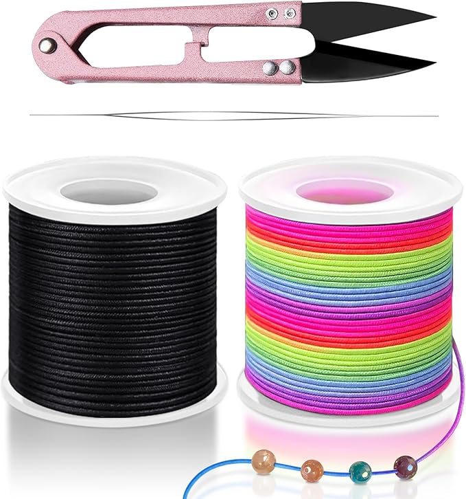 Stretchy String for Bracelets, Necklaces, Bead Stringing, Jewelry Making, Hair Braiding, and Crafts. Diameter: 1mm, Length: 330 Feet, Rainbow and Black (2 Pieces)