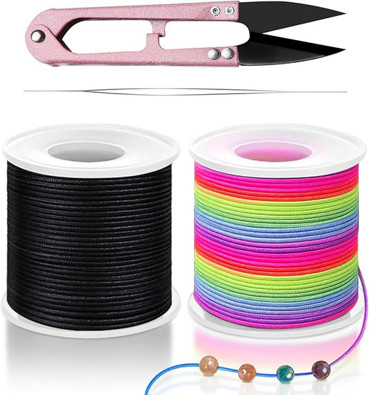 Stretchy String for Bracelets, Necklaces, Bead Stringing, Jewelry Making, Hair Braiding, and Crafts. Diameter: 1mm, Length: 330 Feet, Rainbow and Black (2 Pieces)
