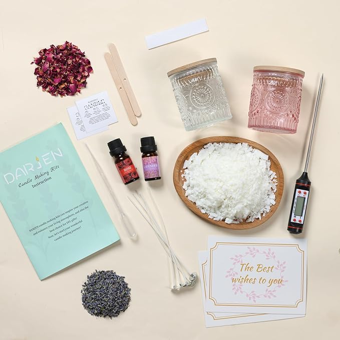 DARJEN Candle Making Kits for Adults- Soy Candle Making Supplies with 2 Candle Jars(Clear, Pink), Wax, Scents, Card & More, DIY Starter Candle Making Kit, Full Set DIY Arts & Crafts Gift