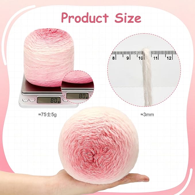 3 Pack Ombre Yarn for Crocheting, 80g/2.65oz Fluffy Soft Acrylic Gradient Yarn Cakes, #4mm Hook, Large Cloud Feel Yarn for Beginner Knitting, Star Blanket, Scarf, Shawl Garment DIY Crafts (Pink)