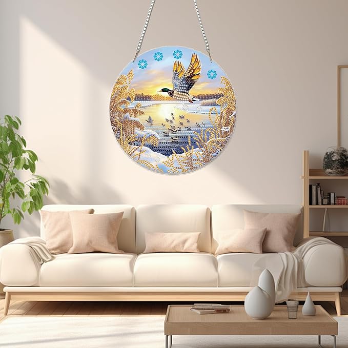 Miwixy Mallard Hanging Diamond Art Kits for Adults,Lakeside Duck Special Shaped Crystal Christmas Diamond Painting Ornament Kit DIY Double-Sided Pattern Window Pendant Gem Art Kit for Home Wall Decor