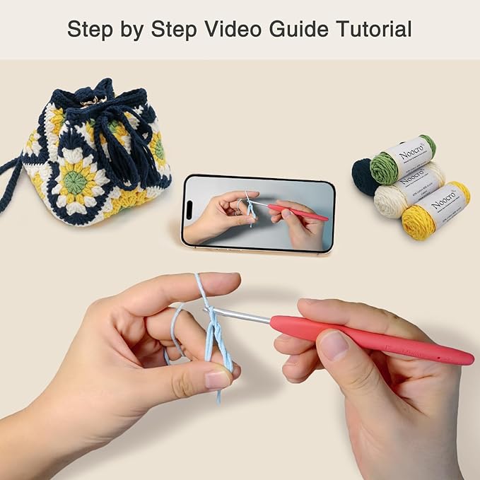 Noocro Crochet Kit Granny Square Shumai Bag, Purse, Complete DIY Kit, Detailed Instructions, Video Tutorials, for Beginners or Intermediate and Advanced Crocheters (Lemon Blue)