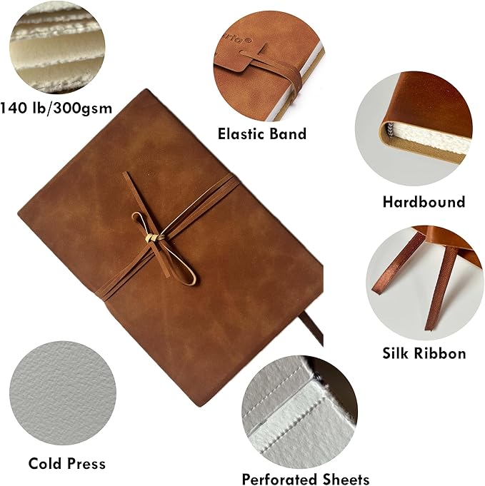 tumuarta Deckle Edge Watercolor Paper Journal Sketchbook, 100% Cotton Vintage Leather Notebook, 140 Lb, 300 GSM, 24 Sheets Handmade Diary for Mixed Media Techniques,7.5x5