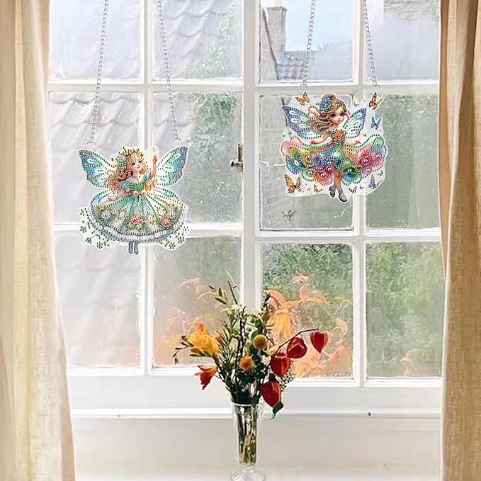2 Pcs Diamond Painting Fairy Ornaments – DIY Acrylic Hanging Decorations with Chains, Cute Butterfly Flower Elf Girl Design for Home Decor, Gifts, and Crafts