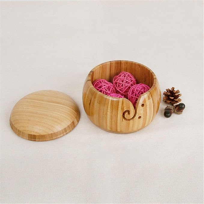 Bamboo Yarn Bowl with Removable Lid, Handmade Yarn Holder for Knitting and Crochet, Carbonized Brown Bowl Box, Smooth Surface, Easy to Carry Knitting Bowls, Crochet Holder, 5.9 *3.5 inch #6