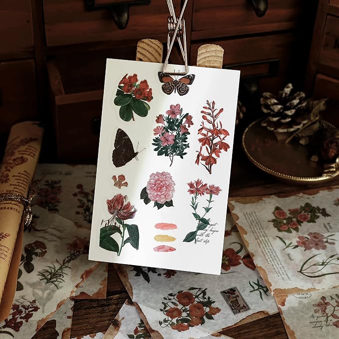 Dizdkizd Flower Sticker Book for Journaling, 20 Sheets (150 Pieces) Translucent Washi Stickers for Scrapbooking, Junk Journals, Planners