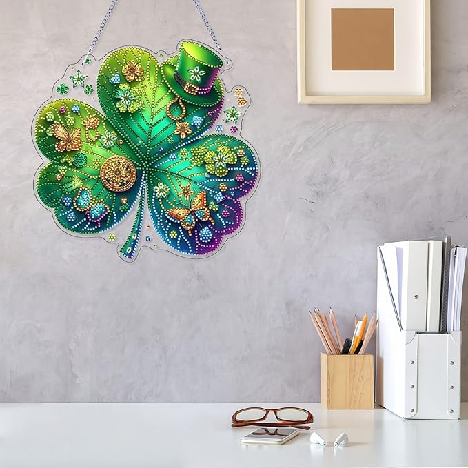 VODAPYC Saint Patrick's Day Diamond Art Hanging Kits for Adults, DIY Double Sided Special Shaped Diamonds Painting Window Pendant Ornament for Home Decor (St-Patrick's Cap)