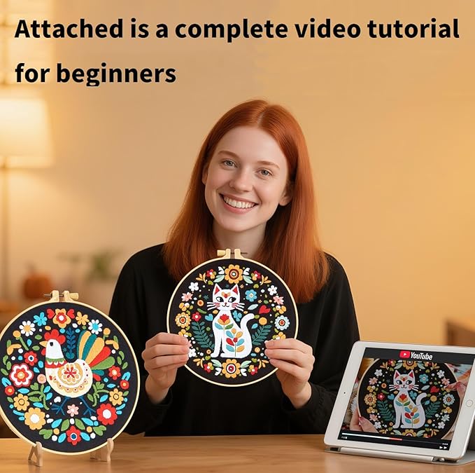 Animals Hand Embroidery Kits for Beginners Adults, Flowers Cat Embroidery Starter Kits, Cross Stitch Kits for Beginners Needlepoint DIY Kits for Adults, 2 Embroidery Hoops【Full-length Video Tutorial】