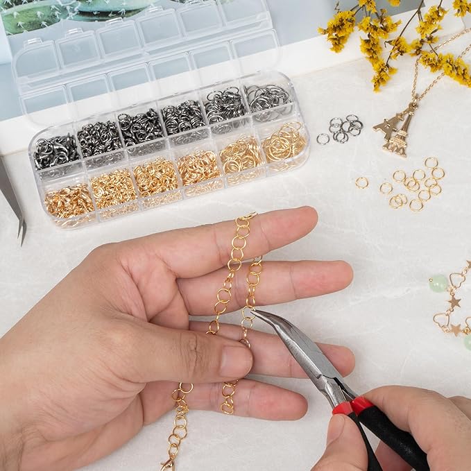 1200 Pcs Jump Rings, Jewelry Making Kit with Open/Close Tools, Pliers, Tweezers, Lobster Clasps, DIY Necklace Repair and Keychain Supplies (KC Gold & Gun Black)