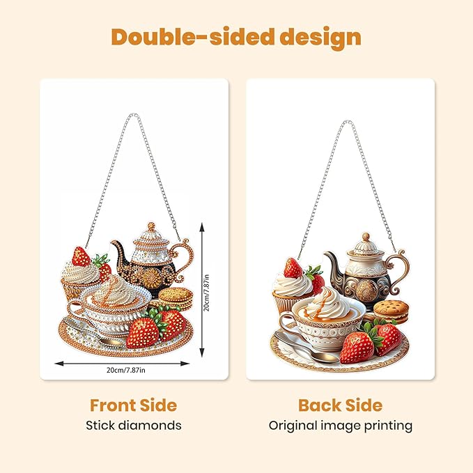 MXJSUA Coffee Cream Diamond Painting Art Window Suncatchers, Diamond Art Kits for Adults Hanging Ornaments with Chain, 5D Special Shape Crystal Diamond Pendant Accessories for Decor Gift 8x8 Inch