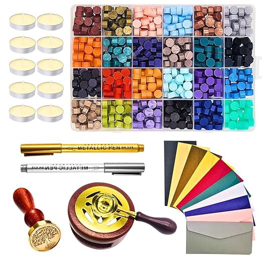 xxxHOLIC Wax Seal Kit with Copper Stamp – 624 Beads in 24 Colors, Smokeless & Crack-Resistant Wax Seal Set with Melting Station & Gilding Pens for Wedding Invitations & Gift Wrapping
