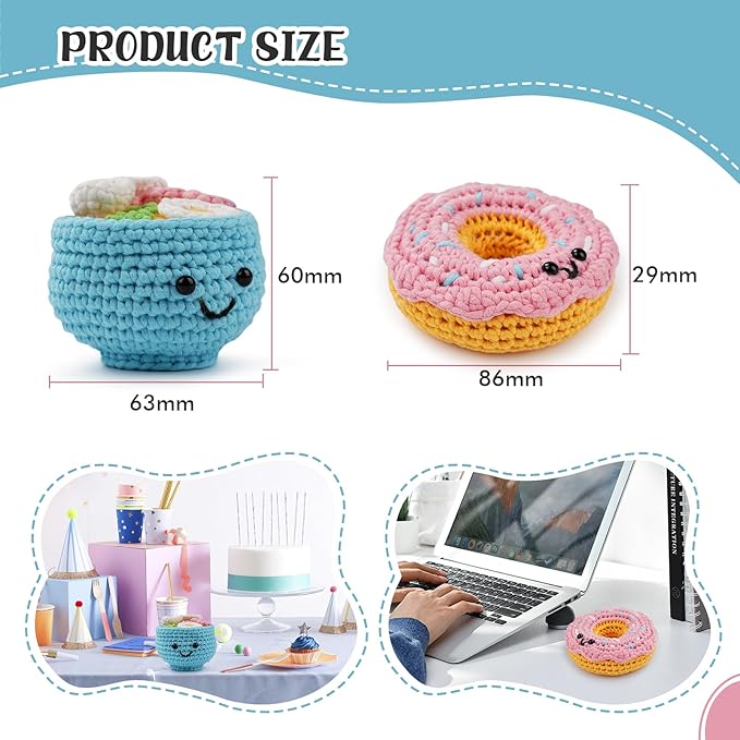 LetCartMaker Beginner Amigurumi Crochet Kit with Video Tutorials - Pizza, Croissant or Dessert Theme | Complete Starter Set for Kids & Adults (Yarn, Hook, Eyes Included) (Donut & Dessert Cup Duo)