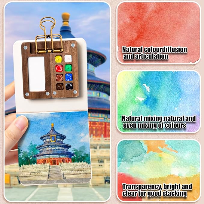 Mini Travel Watercolor Set Pocket Artist Watercolor Travel Set Grid Palette Box Sketch Book Brush Pens With Binder Clips For Painters Artists Students (bamboo, 15 Grids)