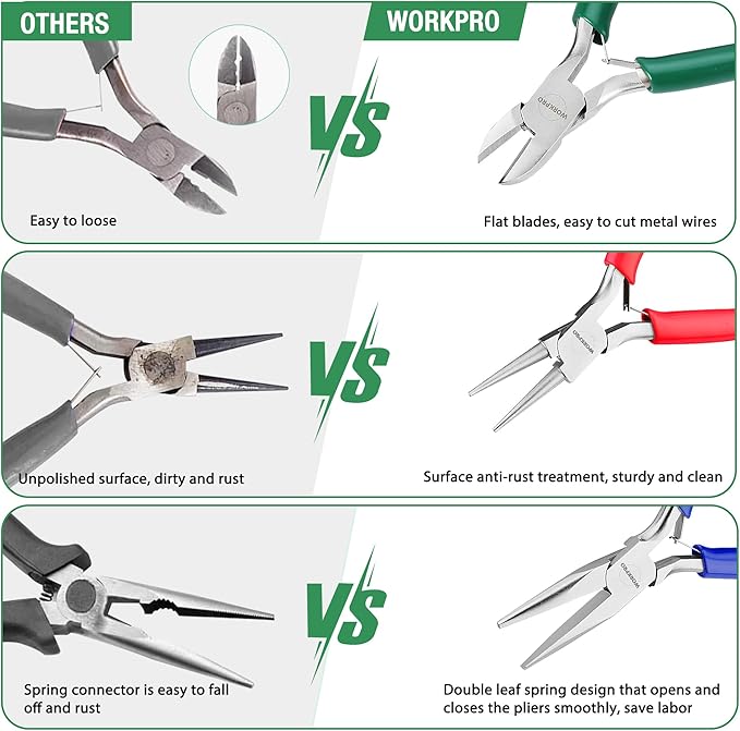 workpro jewelry pliers set, 3 pack jewelry making tool kit- needle nose plier/chain nose plier, round nose plier and wire cutter for charm bracelet, jewelry repair, diy crafts, jewelry making supplies