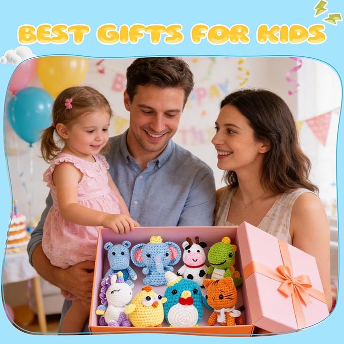 8Pcs Crochet Kit for Beginners, 2026 DIY Craft for Adults and Kids, Great Birthday Gift for Crochet Lovers, Crocheting Animal Kits with Step by Step Videos,Yarn,Crochet Hook