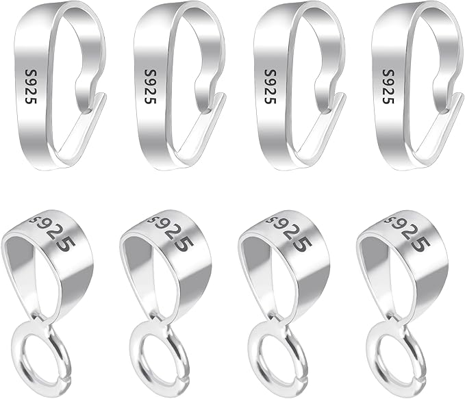 8Pcs 925 Sterling Silver Pendant Clasp Pinch Clip Bails for Jewelry Making, Slider Pendant Connectors with Open Loop, Sterling Silver Findings Jewelry Pendants Clasps for Necklace Charms