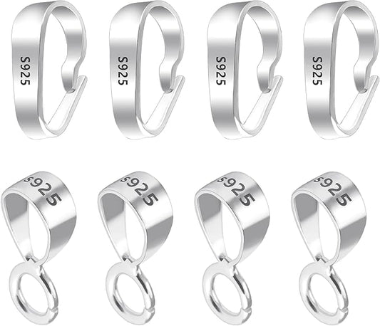 8Pcs 925 Sterling Silver Pendant Clasp Pinch Clip Bails for Jewelry Making, Slider Pendant Connectors with Open Loop, Sterling Silver Findings Jewelry Pendants Clasps for Necklace Charms