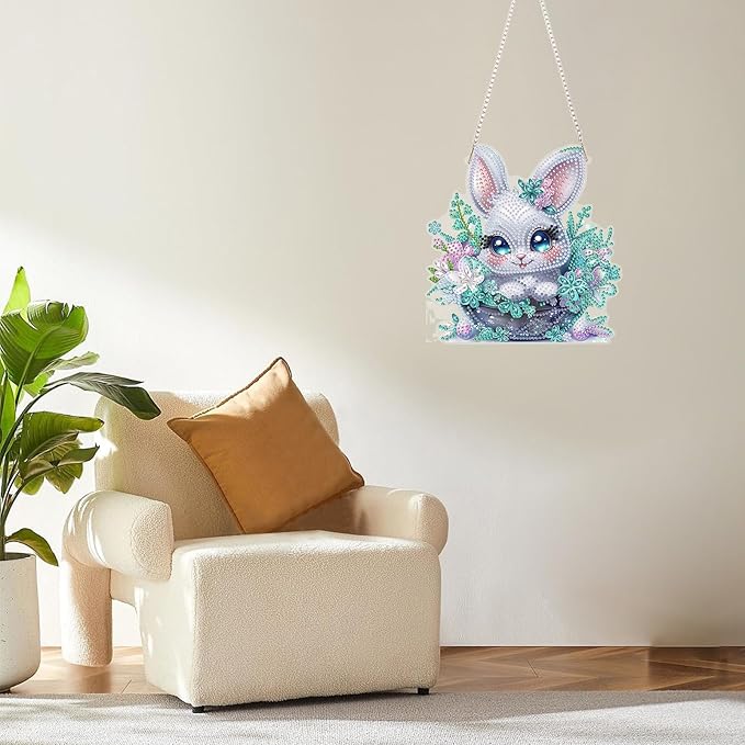 MOGTAA Easter Bunny Diamond Art Hanging Kits for Adults Beginners, Flowers Diamond Art Suncatchers, 5D Special Shape Animal Diamond Painting Window Pendant Kit for Home Wall Decor
