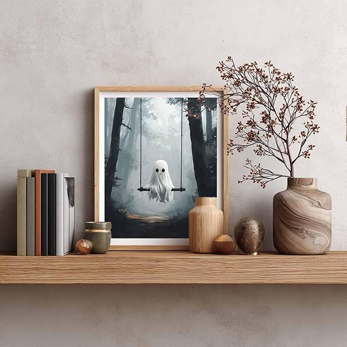 Cawpom Ghost Paint by Numbers Kit, Halloween Spooky Paint by Number for Adult, Ghosts Sitting on Swing Acrylic Painting, Misty Forest Landscape Picture, Home Wall Decor(16x20inch, No Frame)