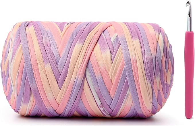 Elastic Fabric T Shirt Yarn for Crocheting，Beginner Crochet Yarns with Polyester Spandex Blend,Total 400g/114yds Soft Tshirt Yarn for Crochet Crafts/Bags/Baskets（Pinkish Purple）