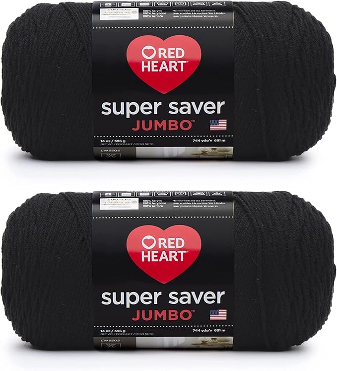 Red Heart Super Saver Jumbo Black Yarn - 2 Pack of 396g/14oz - Acrylic - 4 Medium (Worsted) - 744 Yards - Knitting/Crochet
