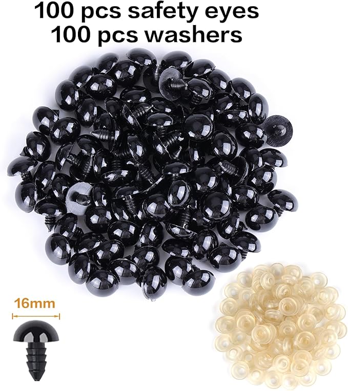 XKDOUS 16mm Safety Eyes, 200pcs for Crocheting, Crochet Eyes for Amigurumi, Stuffed Animal Doll Eyes for DIY Crafts