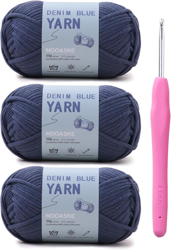 3 Pack (3 x 50g) Crochet Yarn with Crochet Hook - Worsted Medium Yarn for Crocheting - Easy-to-See Stitches Cotton-Nylon Blend Beginner Knitting Yarns for Adults and Kids
