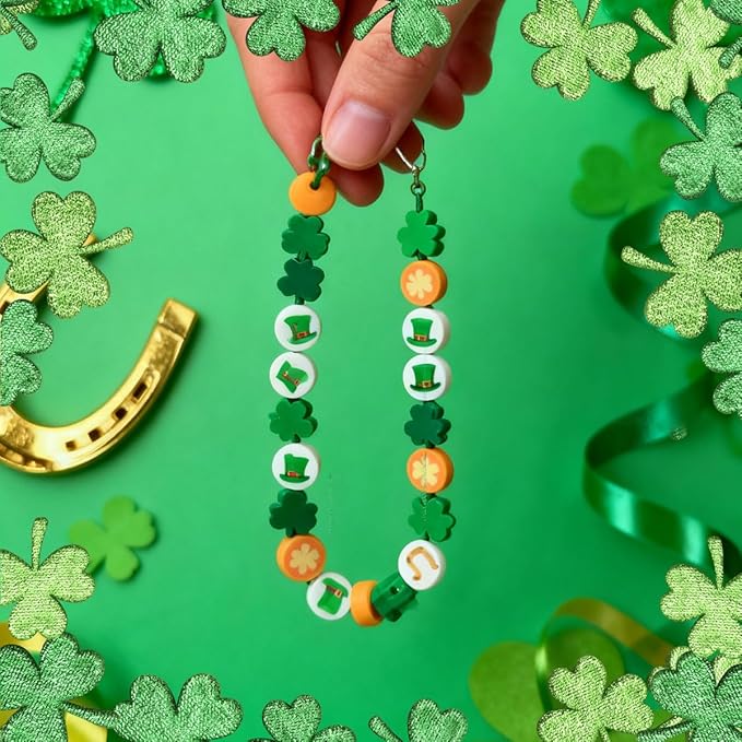 100Pcs St. Patrick's Day Shamrocks Handmade Polymer Clay Beads, Luck Clover Prints Polymer Clay Spacer Beads for Women Jewelry Making DIY Charms Bracelet Necklace Hair Clip Accessories Handmade Craft