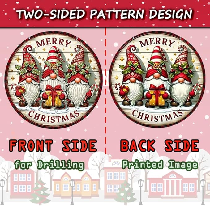 Diamond Art Kit for Adults Christmas Gnomes Special Gem Two-Sided Pattern Design Diamond Art Pendant Kit Hanging Ornament for Home Wall Door Holiday Decor