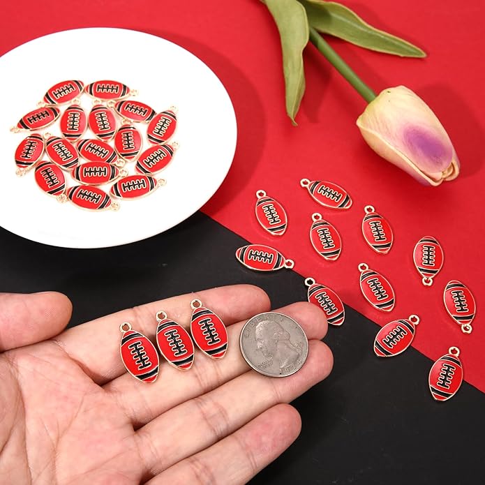 NVENF 30PCS Football Charms for Jewelry Making, Enamel Football Charms for Bracelet Necklace Earrings Making, Red Black White Blue Purple Orange Game Day Football Charm Bulk