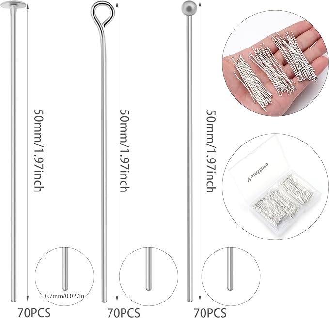 210 Pcs 50mm/1.97 Inch Head Pins for Jewelry Making Straight Ball Eye Pin for DIY Christmas Styles Craft Earring Bracelet Necklace Pendant Making (Mixed Pins,Platinum Color)