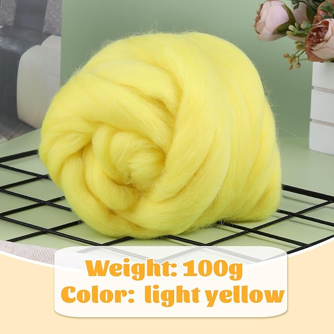 3.53oz Wool Roving, Fiber Roving Wool Top, Needle Felting Supplies, Pure Wools, Chunky Yarn, Spinning Wools for Needle Felting Wet DIY Hand Spinning (Light Yellow)