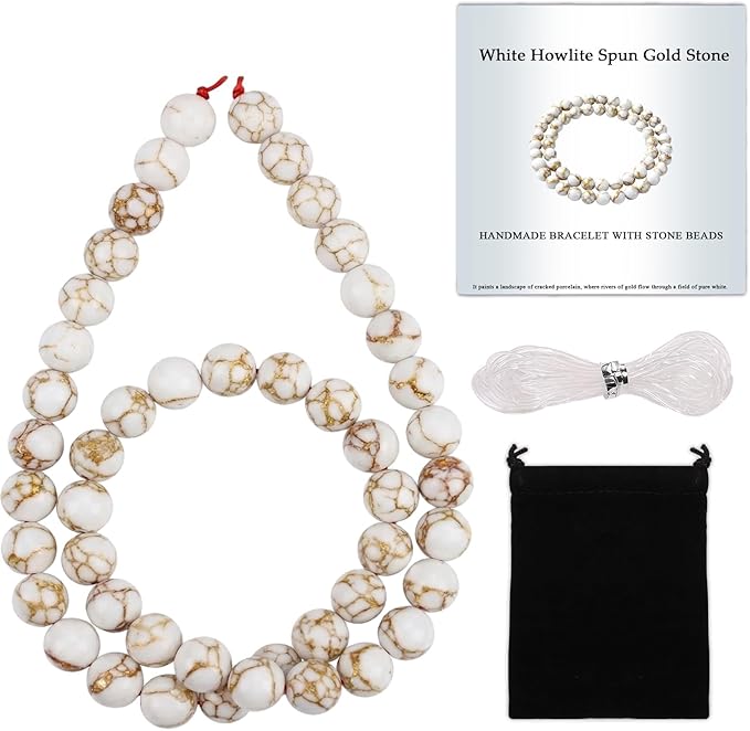 Stone Beads, 45pcs White Howlite, 8mm Round Loose Beads for Jewelry Making, Bracelets, with Bag, String & Card