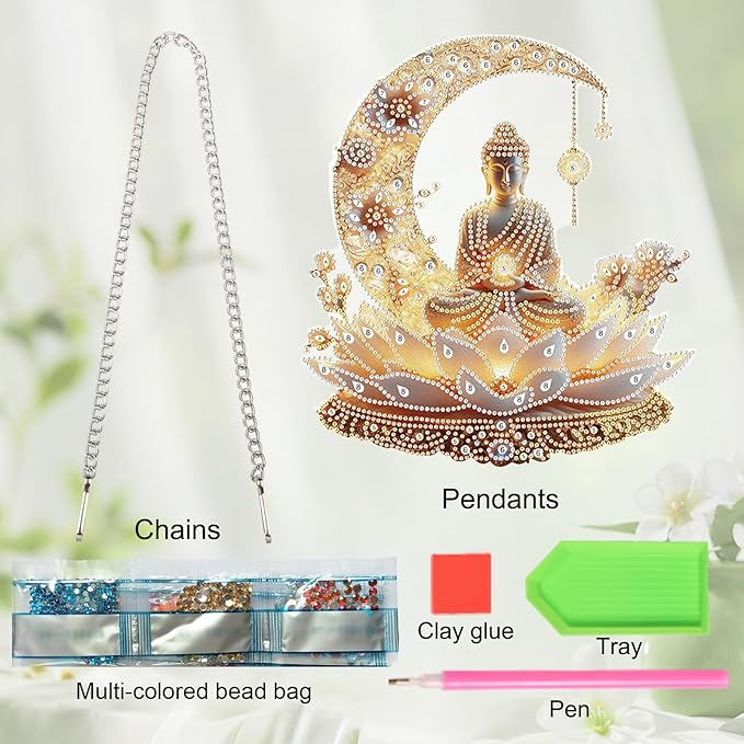 JZHYOAN DIY Hanging Diamond Craft Pendants Buddha Diamond Painting Art Hanging Kit Wind Chimes with Diamonds Art Window Pendants Craft for Adult Acrylic Pendant Ornaments Kits Crystal Arts Pendant