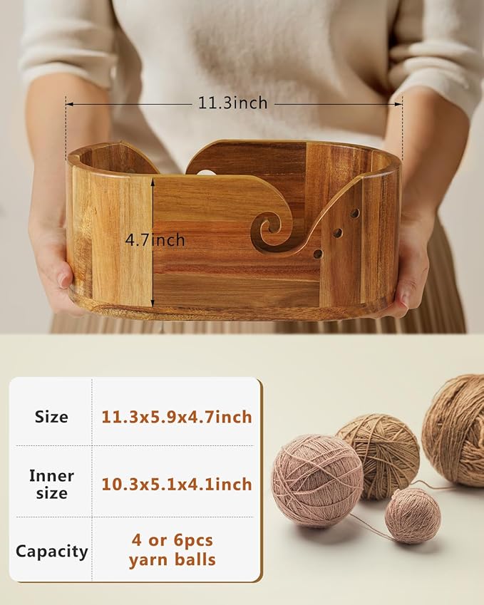 Oval Yarn Bowl, Crochet Yarn Holder with 9pcs Knitting Hooks, Yarn Storage Crochet Bowl Knitting Gift for Crocheters, Large Yarn Bowl Acacia Wooden 11.3x5.9x4.7inch (Acacia Yarn Bowl)