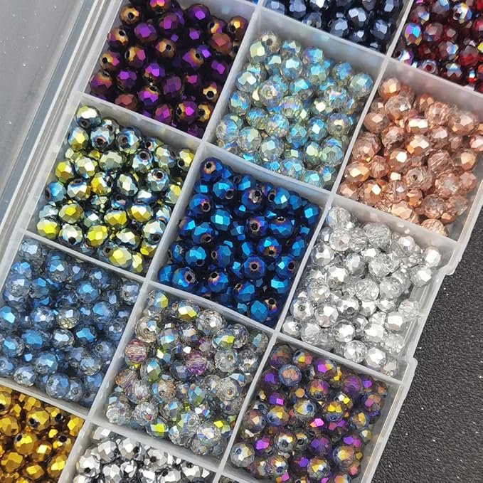 INSPIRELLE 1200pcs 6mm Multicolor Electroplate Rondelle Glass Beads for Jewelry Making Faceted Briolette Shape Crytal Spacer Beads Assortments Supplies for Bracelet Necklace with Storage Box