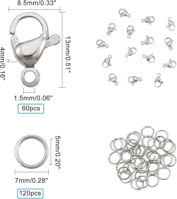 PH PandaHall 120 pcs 7mm 304 Stainless Steel Jump Rings with 60pcs Lobster Claw Clasps for Earring Bracelet Necklace Pendants Jewelry DIY Craft Making, Stainless Steel Color