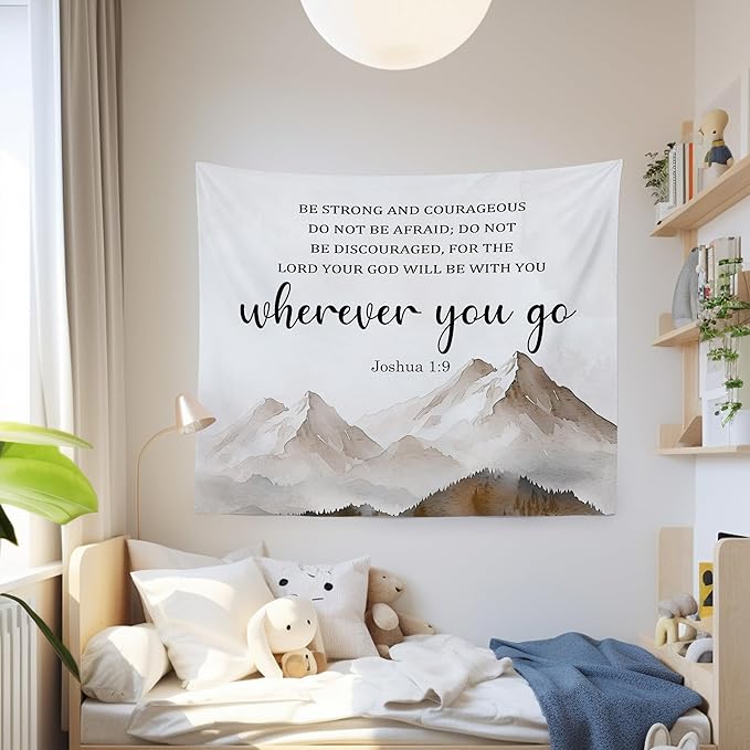 MNASAIOO Christian Mountian Lord Wall Tapestry Hanging for Bedroom, Bible Verse Scripture Joshua 1:9 Tapestries, Watercolor Religious Wall Decor Banner for Living Room Prayer Room Church 50x60in