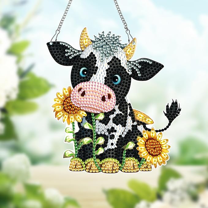 MVVMTOP Diamond Painting Kits Hanging Pendant,Cow Diamond Art Hanging Sign DIY Special Shaped Crystal Wreath Ornaments for Home Decor Gift, HGJ038