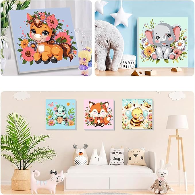 4 Pack Animal Paint by Number for Kids with Wooden Frame, Paint by Numbers for Kids Animals Ages 4-8-12, Easy Elephant Fox Sea Turtle Horse DIY Acrylic Oil Painting Kits for Home Wall Decor (8X8 inch)