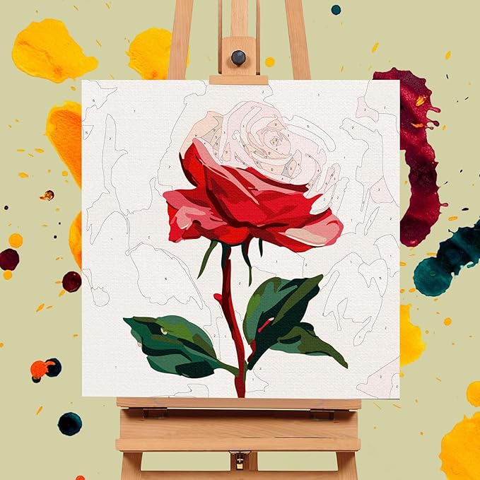 Offito Framed Paint by Numbers Kit for Adults Beginners & Kids Ages 8-12, Rose Flower Acrylic Easy Paint by Number with Frame, Paint by Number Kits on Canvas Framed (10 * 10 Inch, Without Easel)