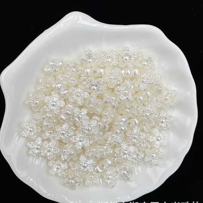 200Pcs Pearl Flower Beads for Bracelet,Cute Flatback Resin Charms for Jewelry Making Bulk Decorations,DIY Phone Charms Beads,White Unique Aesthetic Beads for Crafts