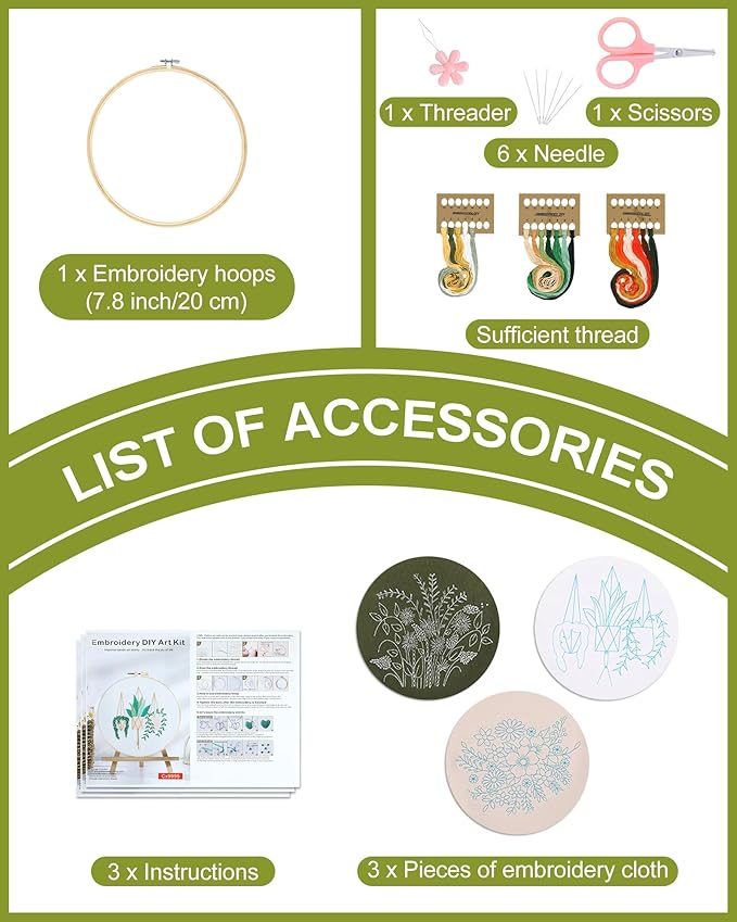 Santune 3 Sets Embroidery Kit for Beginners Needlepoint Cross Stitch Kits for Adults,Stitch Learning DIY Sets with Instruction Video,Stamped Floral Patterns,Hoop,Threads,Sewing Hobby