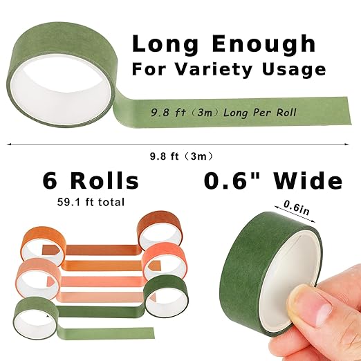 Whaline 6 Rolls Boho Washi Tape Set 6 Boho Colors Masking Tape Solid Color Decorative Tape for DIY Crafts Scrapbook Journal Planner Gift Wrapping Supplies, 60 Ft