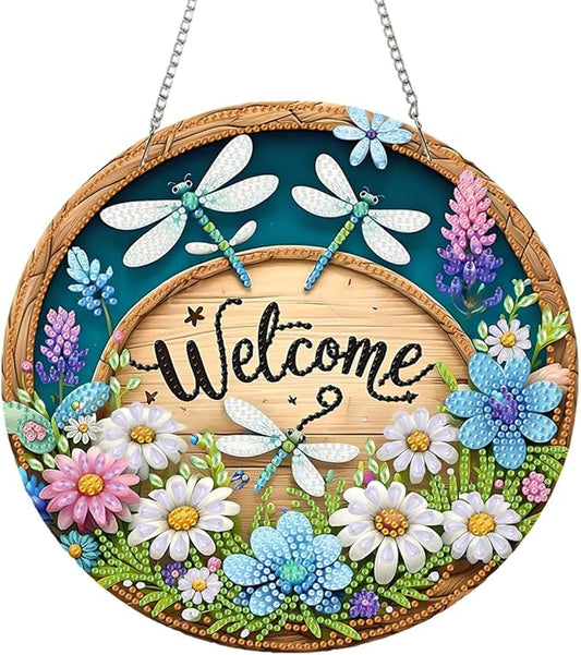 Diamond Art Kits for Adult Welcome Design Special Shape Acrylic Hanging Pendant Crystal Mosaic Home Wall Door Window Decor with Chain Handmade Gift