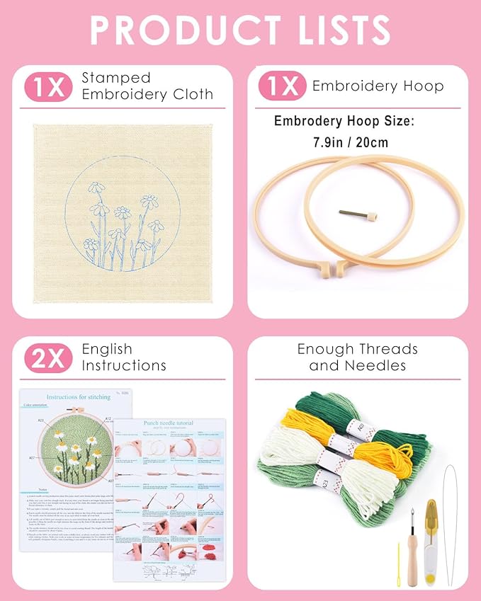 TINDTOP Punch Needle Kit, Daisy Punch Embroidery Kits for Adults Beginner, Tool with Punch Needle Fabric, Hoops, Yarns and Sewing Needles