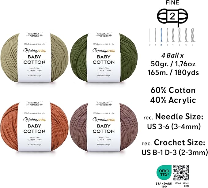 Baby Cotton Yarn Bundles for Crocheting - Each Ball is 50g / 180yds - (2) Fine, Sport Weight Yarn - Amigurumi Yarn, Crochet Thread - & 5 Stitch Makers (Nature - 1)