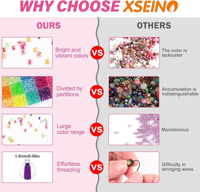 XSEINO 24 Colors 1200PCS Core Filled Glass Beads Kit 6mm DIY Craft Glass Beads, Fit for Bracelets, Jewelry Making, Necklace