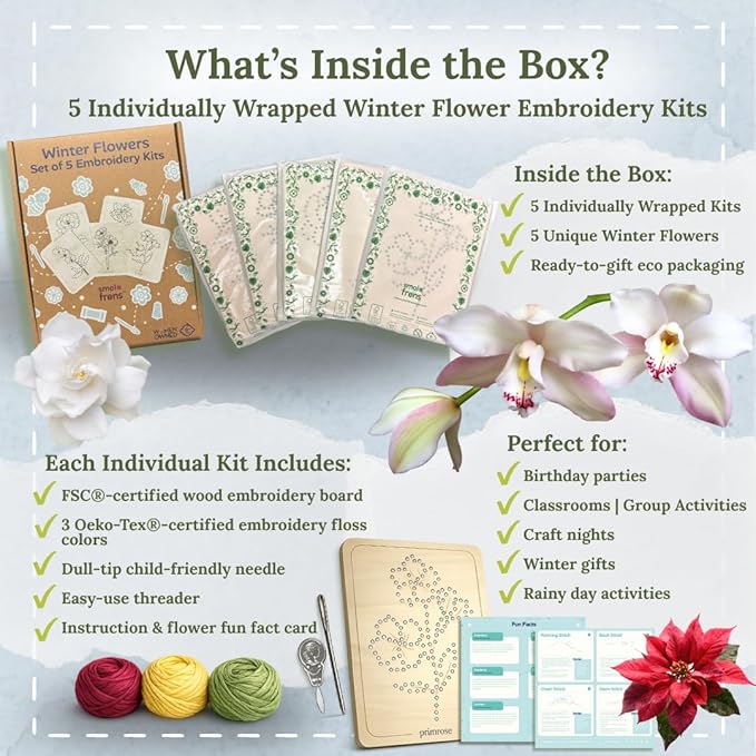 Wooden Flower Lacing Embroidery Kits for Beginners, Set of 5 Learn-to-Stitch Craft Boards, Sewing & Embroidery Art Kits for Kids Ages 8+, DIY Craft Projects, Educational Gifts, Party Favors (Winter)